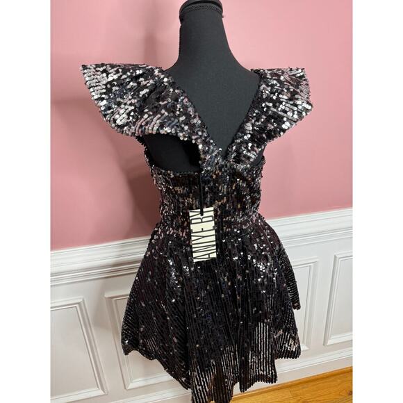 Aniye By Gemma Sequin Mini Dress in Black Medium Flutter Sleeve Ruffle Lined - Picture 5 of 6